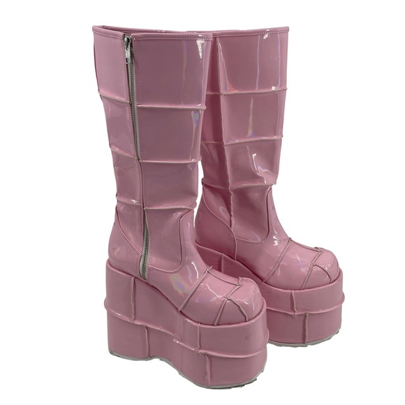 Demonia Shoes - Dolls Kill Demonia Pink Platform Chunky Block Heel Knee High Zip Up Boots Sz 11